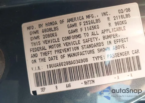 2008 Acura Tl 3.2 z USA, uszkodzony, nr VIN 19UUA66298A034908